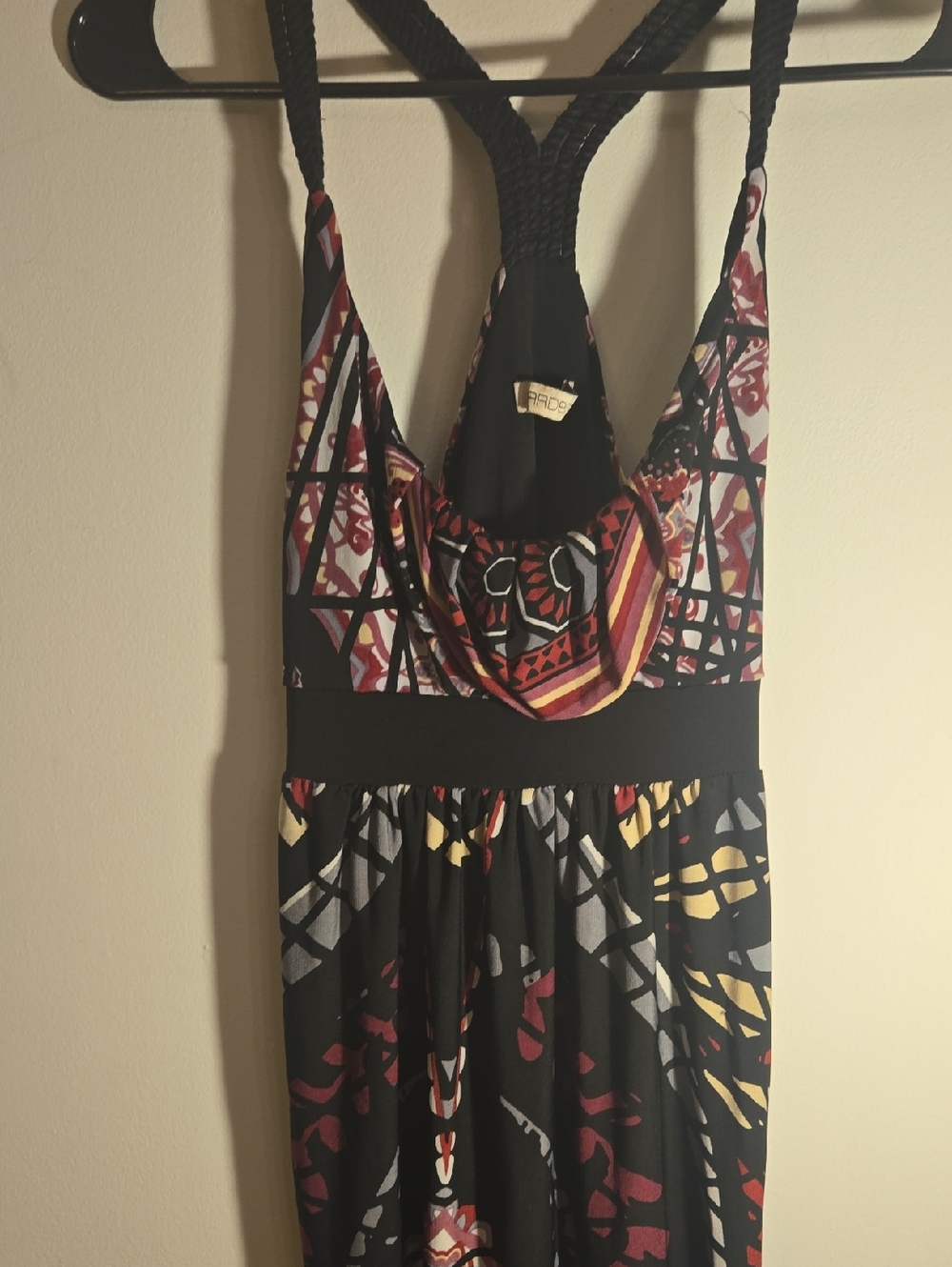 Arden B Black Halter Maxi Dress with Red and Cream Floral Geometric Print